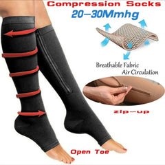 Overt Compression Zipper Socks - Knee High Zip, Open Toe & Solid Color Socks for Leg Support & Pain Relief - Black