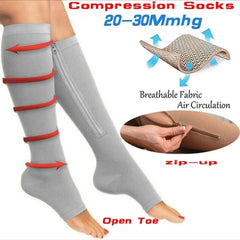 Overt Compression Zipper Socks - Knee High Zip, Open Toe & Solid Color Socks for Leg Support & Pain Relief - Gray