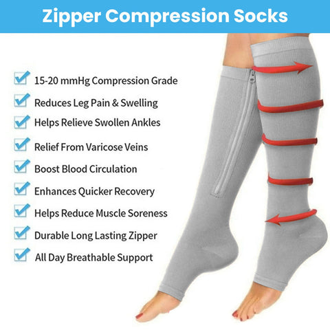 Overt Compression Zipper Socks - Knee High Zip, Open Toe & Solid Color Socks for Leg Support & Pain Relief