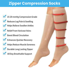 Overt Compression Zipper Socks - Knee High Zip, Open Toe & Solid Color Socks for Leg Support & Pain Relief - Skin Coffee