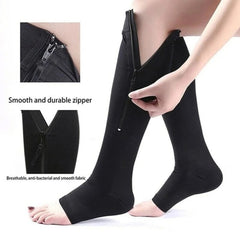 Overt Compression Zipper Socks - Knee High Zip, Open Toe & Solid Color Socks for Leg Support & Pain Relief - Black