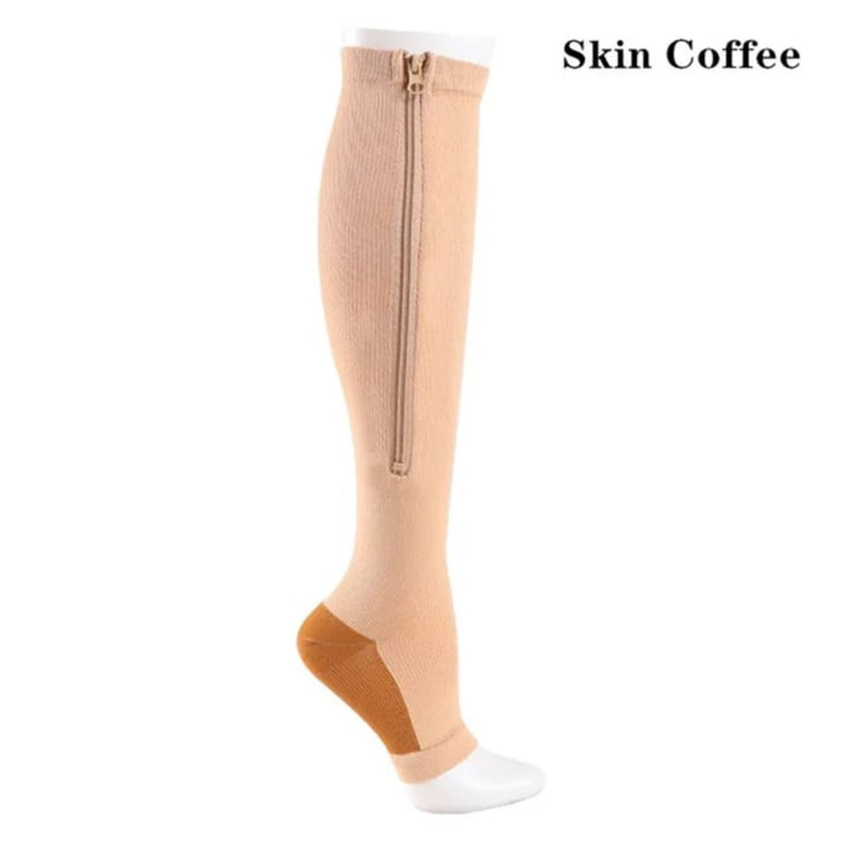 Overt Compression Zipper Socks - Knee High Zip, Open Toe & Solid Color Socks for Leg Support & Pain Relief - Skin Coffee