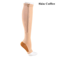 Overt Compression Zipper Socks - Knee High Zip, Open Toe & Solid Color Socks for Leg Support & Pain Relief - Skin Coffee