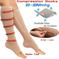 Overt Compression Zipper Socks - Knee High Zip, Open Toe & Solid Color Socks for Leg Support & Pain Relief - Skin Coffee