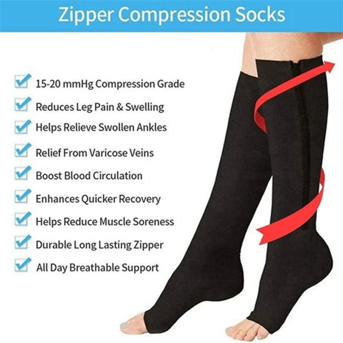 Overt Compression Zipper Socks - Knee High Zip, Open Toe & Solid Color Socks for Leg Support & Pain Relief